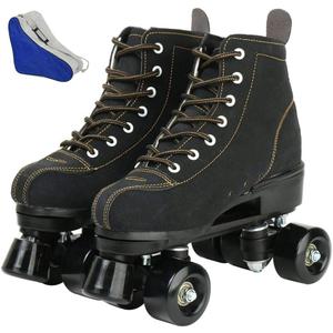Roller Skates for Women and Men Cowhide High-Top Shoes Classic Double-Row Roller Skate Four-Wheel Roller Skates for Men Girls Unisex Christmas (43 - 10.44in - Women's 9.5 / Men's 8, Black with black wheels)