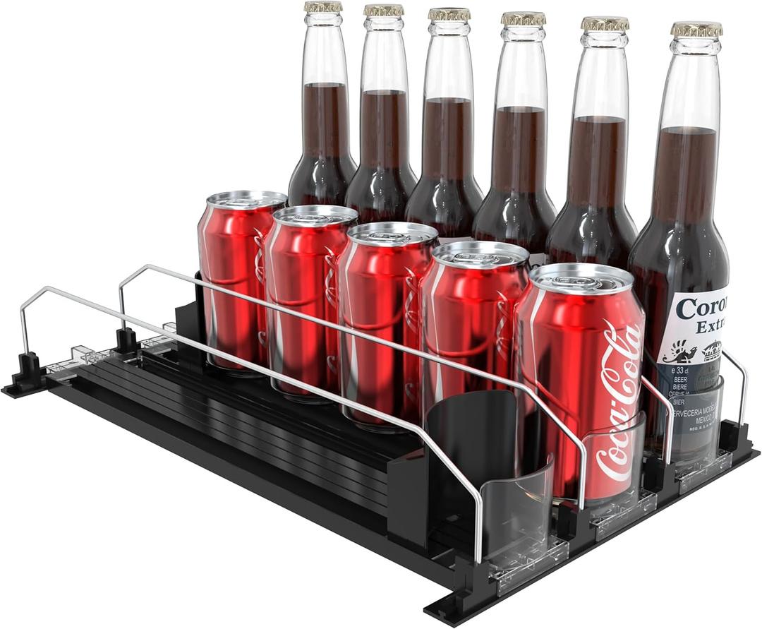 Hmdivor 3 Rows Drink Organizer for Fridge, 15'' Soda Can Dispenser for Refrigerator with Pusher Glide, Width Adjustable Fridge Can Organization Hold Up to 25 Cans (Black)