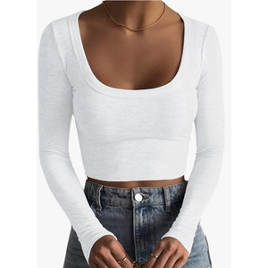 Women's Square Neck Long Sleeve Ribbed Slim Fitted Casual Basic Crop Top Small