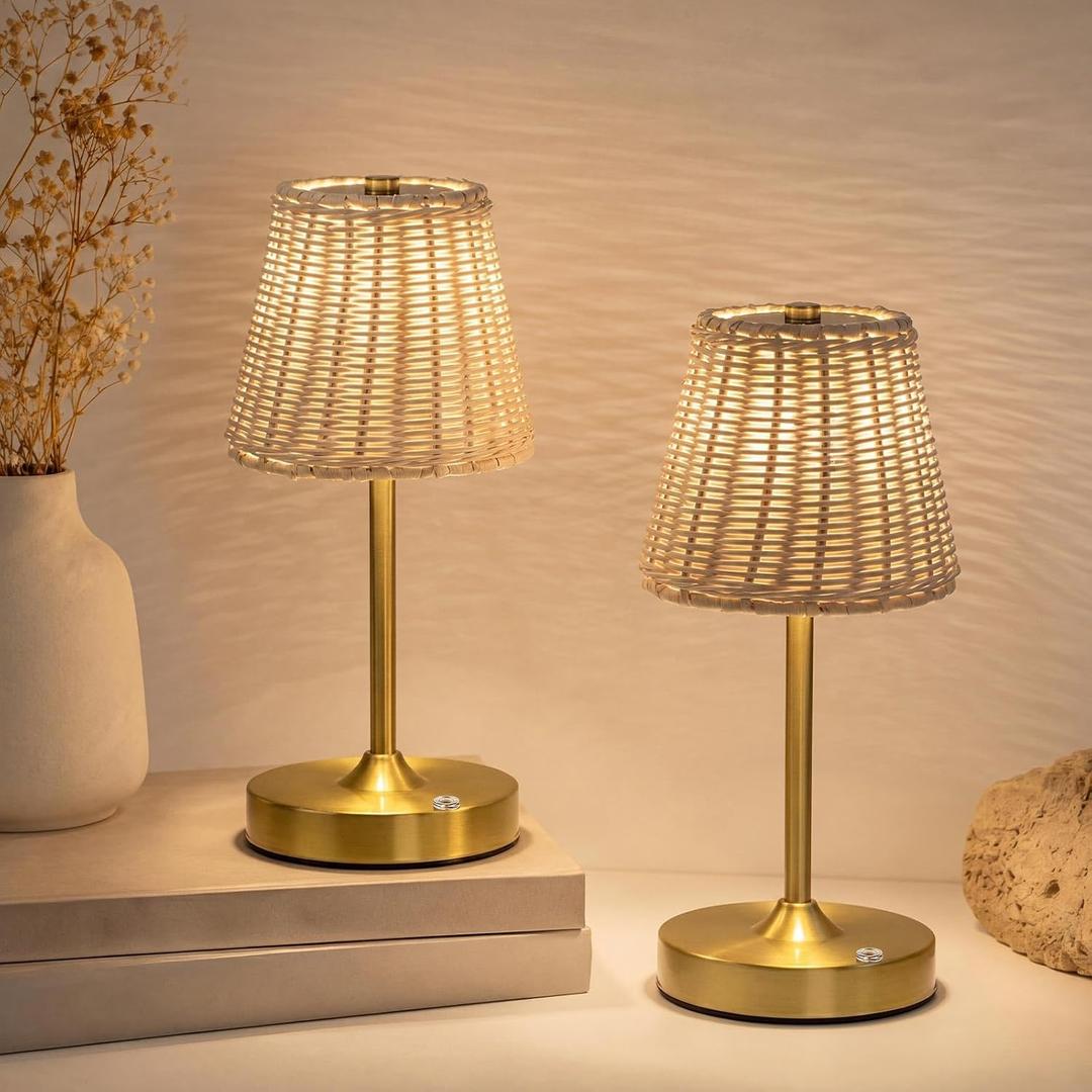 Liliful 2 Pcs Cordless Table Lamp Rechargeable Touch LED Small Gold Portable Battery Operated USB-c Desk Lamp 3 Color Dimmable for Bedroom Living Room Dining (Gold,Rattan Weaving Style)