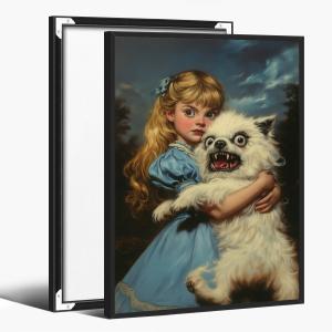 Vintage Creepy Girl Holding Ugly Dog Poster Victorian Gothic Girl and Monster Puppy Wall Art Surreal Weird Fantasy Print Decor for Horror & Whimsical Aesthetic Rooms 12x18inch Black Aluminum Frame