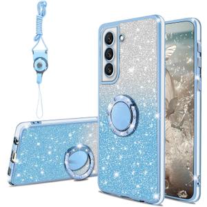 Phone Case for Samsung Galaxy S22 6.1" Cute Sparkle Bling Sparkly Slim Clear TPU Thin Shiny Glitter Case with Kickstand & Strap,Girls Women Shockproof Protective Cover for S22 2022,Sky Blue