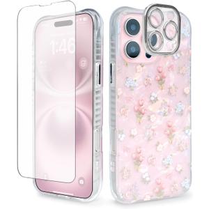 Cute Tulip Flowers Bow Shell Pattern for iPhone 14 Plus Case, [3 in 1] with Screen Protector & Camera Lens Protector, Clear Soft Shockproof Slim Fit Floral Phone Cover for Women (Pink)
