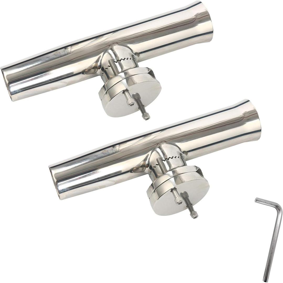 Amarine Made 2Pcs Fishing Rod Holder, Stainless Tournament Style Clamp on Rod Holder, Rail Mount Fishing Pole Holder for Rails 1-1/4" to 2"