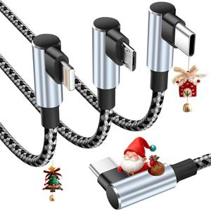 USB C to USB C Right Angle Cable,90 Degree Type-C Braided Charging Cord,3 in 1 Multi Charging Cable for Multiple Devices,Universal Charger Cord with Type-C,Micro USB,IP Port for iPhone17/16 Phones