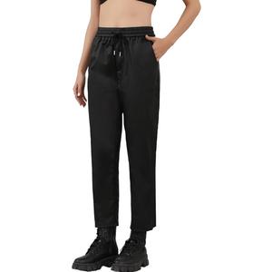 TGKKMQB Women's Black Faux Leather Pants Ankle-Length Wide-Leg Elastic Waist Baggy Trousers with Drawstring Pockets Size L