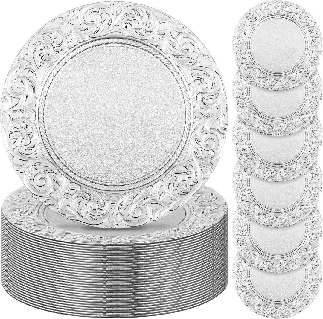 Zhehao 50 Pcs Antique Charger Plates Bulk 13 Inch Embossed Rim Plastic Decorative Round for Dinner Wedding Party Event Table Setting Decoration(Silver White)