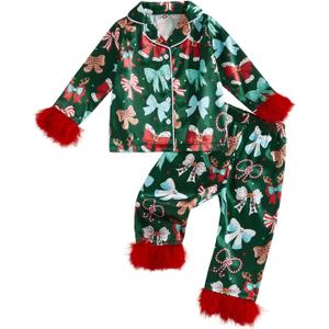 Hnyenmcko Toddler Baby Girl Christmas Satin Pajamas Fuzzy Trim Long Sleeve Santa/Bow Print Button Shirt Pants Kids Pjs Set (5-6 Years, Polyester-green Bow)