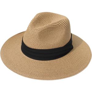 Lanzom Women Wide Brim Straw Panama Roll up Hat Fedora Beach Sun Hat UPF50+ (One Size-Small, Brown/Black)