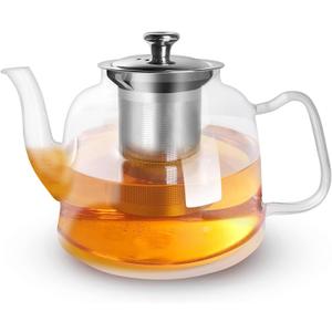 Glass Teapot with Infuser and Lid, 1300ml/43oz Borosilicate Glass Teapot with Stainless Steel Mesh Infuser for Loose Leaf & Blooming Tea, Stovetop & Microwave Safe