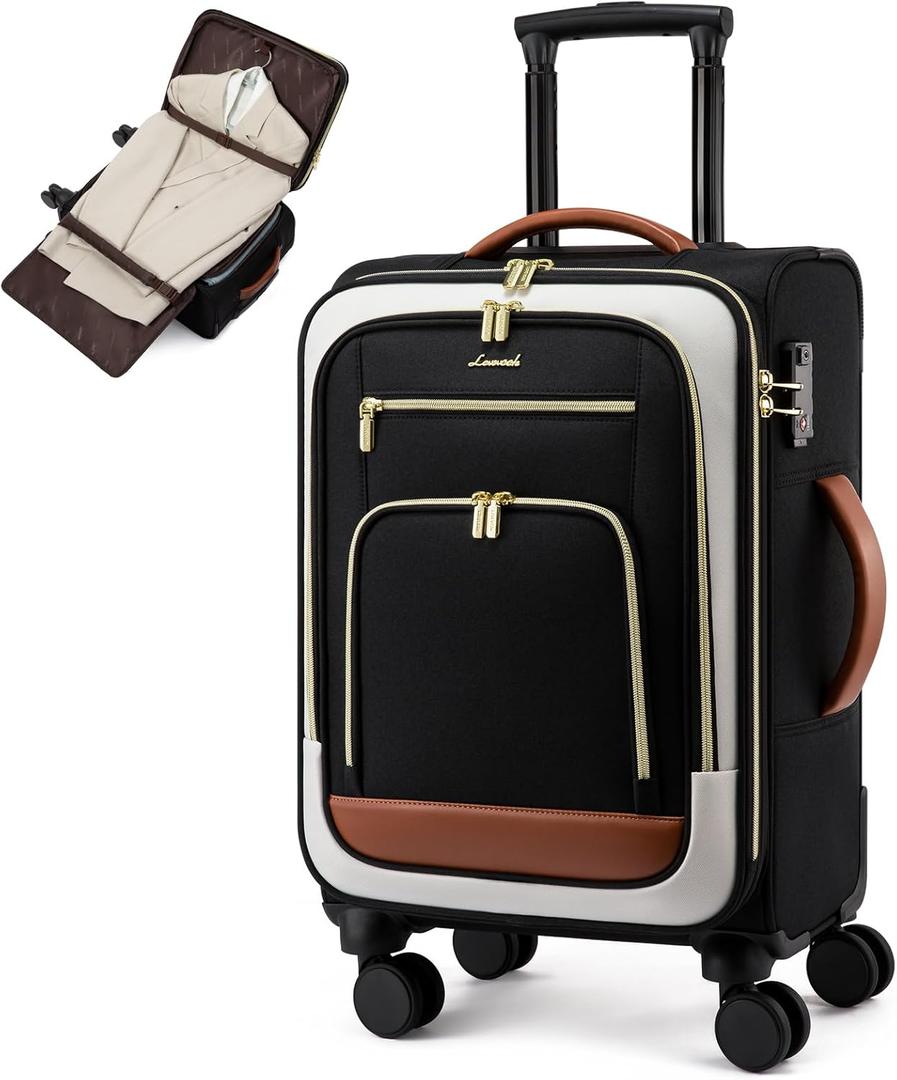 LOVEVOOK Carry on Luggage 22x14x9 Airline Approved, 22 Inch Large Rolling Suitcase, Spinner Wheels & TSA Lock, 49L Softside Lightweight Underseat Carryon Luggage for Women Men Travel (Black-beige-brown)