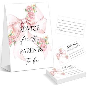 Advice for the Parents to Be Sign, Baby Shower Advice Cards, Pink Bow Baby Shower Decorations, Event Party Table Centerpiece Decor, Neutral Gender Reveal Decorations, 1 Sign and 50 Cards,10
