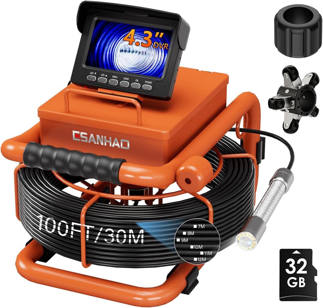 Sewer Camera 100FT/30M Borescopes Plumbing Snake Pipe Inspection Camera DVR & Audio Recorder 22mm with 5600Mah Battery 4.3" IPS Screen 12 LEDs HD 1000TVL 32GB Card