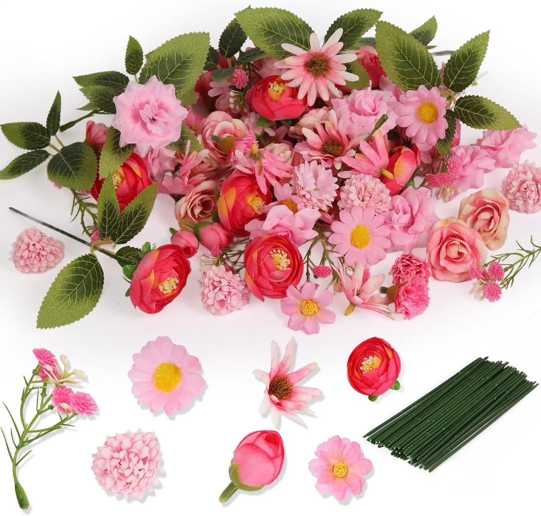 100PCS Fake Flower Heads Mini Artificial Flower Heads Silk Faux Flower for Crafts Pink Artificial Flowers for Decoration Cake Blossom Flowers for Hair Crafts Wedding Bridal Party Baby Shower (Pink)