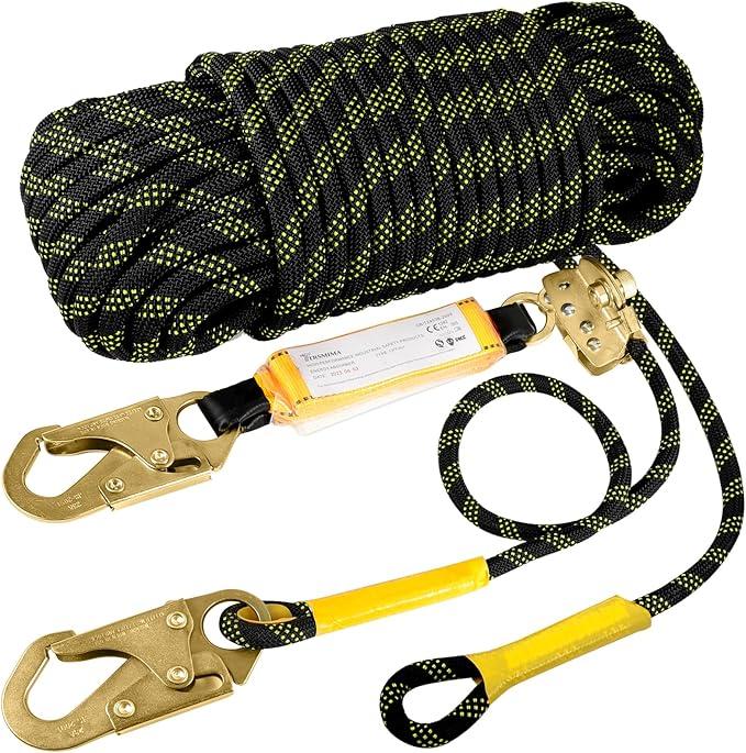 TRSMIMA Rope Harness Safety Lanyard：25ft Vertical Roofing Rope With Grab Snap Hooks Shock Absorber - Fall Protection Tree Climbing Line Kit Heavy Duty Roof Safety Equipment ANSI CE
