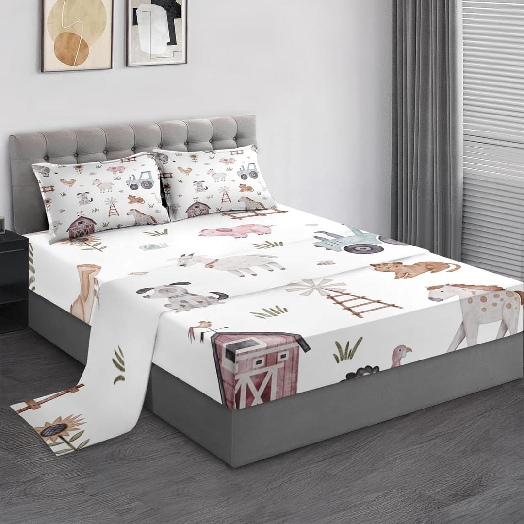 Queen Size Bed Sheet Sets, Farm Animal Cow Soft Microfiber 4 Pcs Bedding Sets for Kids and Adults Bedroom Bed Decor, Autumn Cute Tractor Flat, Fitted Sheet and 2 Pillowcases