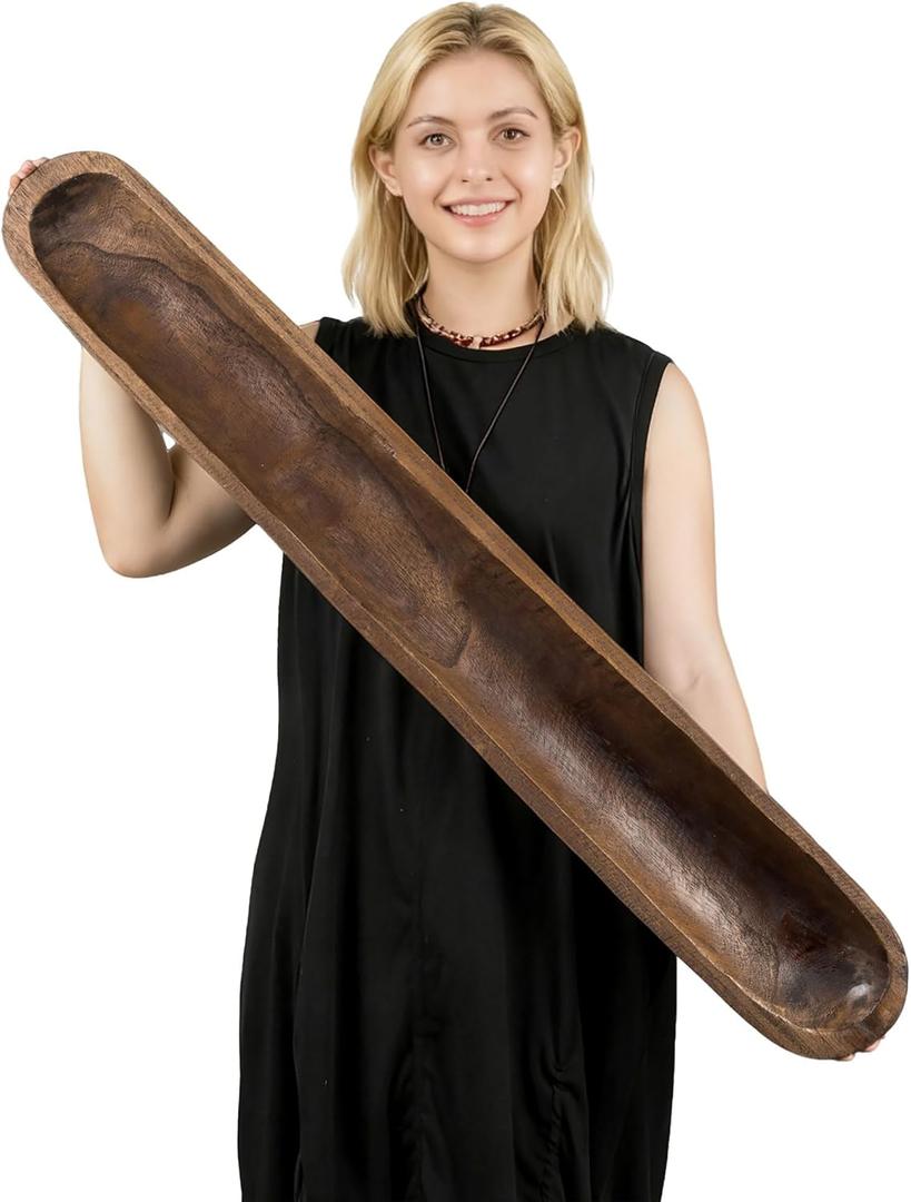 Hanobe Decorative Bowl for Entryway Decor: Large Key Holder Bowl for Coffee Table Decor - Rustic Wooden Baguette Fruit Bowl for Kitchen Counter Decor - Catch All Dough Bowl for Centerpiece