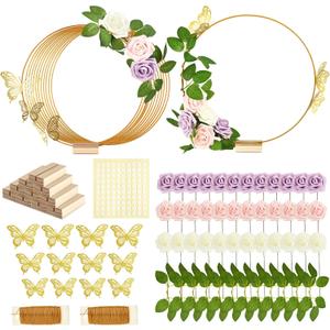 Vercraft 12 Set butterfly Metal Floral Hoop Table Centerpieces Include Metal Ring with Base 3D Butterfly Decoration, PE Foam Flower, Adhesive Dots, Gold Wires for DIY Wedding Baptism Party(Round)