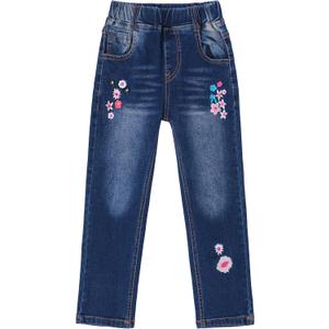 KIDSCOOL SPACE Girls Jeans, Ribbed Elastic Waist Embroidered Denim Pants (10-12 Years, Blue-2125)
