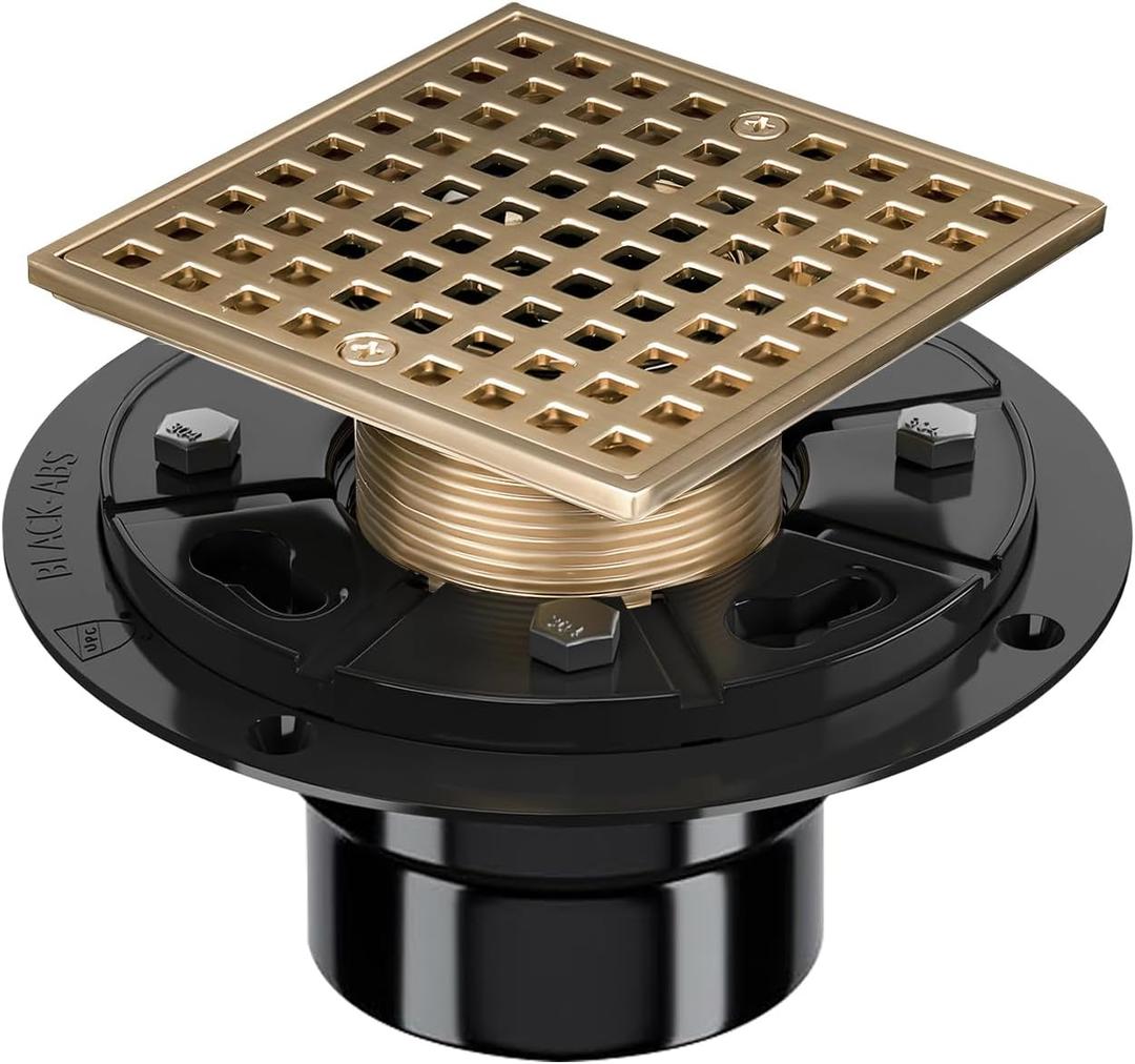 Uni-Green Champagne Bronze Shower Drain 4-1/4 Inch - Square Gold Shower Drain Kit with ABS Flange for 2" or 3" Pipe - Low Profile 304 Stainless Steel Shower Floor Drain Kit with Hair Carcher