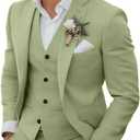 Men's 3 Piece Linen Suits Casual Lightweight Blazer Jackets Vest Pants Set for Wedding Business Prom Suit (Light green, Large)