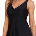 ANFILIA Women's Tankini Top Twist V Neck Bathing Suit Top Flowy Padded Swimsuit Top Swim Tank Top Only (Medium, Black)