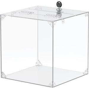 Uniclife Clear Acrylic Donation Box with Lock, 9.8" x 9.8" x 9.8", Large Square Suggestion Box with Slot and Lock, Plastic Ballot Box Raffle Box Storage Container for Fundraising Voting Charity