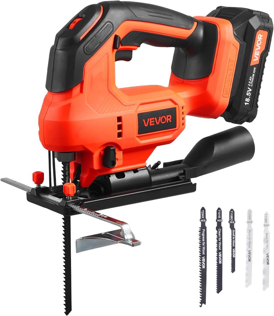 VEVOR 20V Brushless Cordless Jig Saw, 7/8" Jigsaw Tool for Makita 18V Battery, 3500 SPM & 6 Variable Speed, Battery & Charger, LED Light, 0-45 Bevel Cuts, 6 Blades, 4 Orbital Settings, Wood & Metal