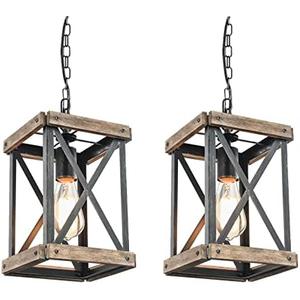 wochos Farmhouse Pendant Light, Adjustable Metal and Wood Chandelier Light Fixture, Rustic Pendant Lighting for Kitchen Island, Bedroom, Dining Room and Entryway (Brown), 2 Pack