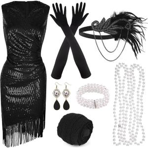 PLULON 1920s Sequin Beaded Fringed Dress with Roaring 20s Accessories Set V Neck Gatsby Dress with Feather Headpiece (XLarge, Black)