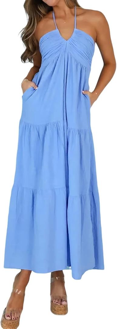 Women's Casual Halter Tiered Vacation Maxi Dress with Pockets (Medium, Azure)
