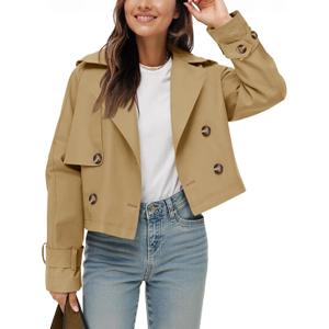 Tankaneo Womens Cropped Trench Coat Lapel Double Breasted Short Jacket Outwear (Small, Khaki)