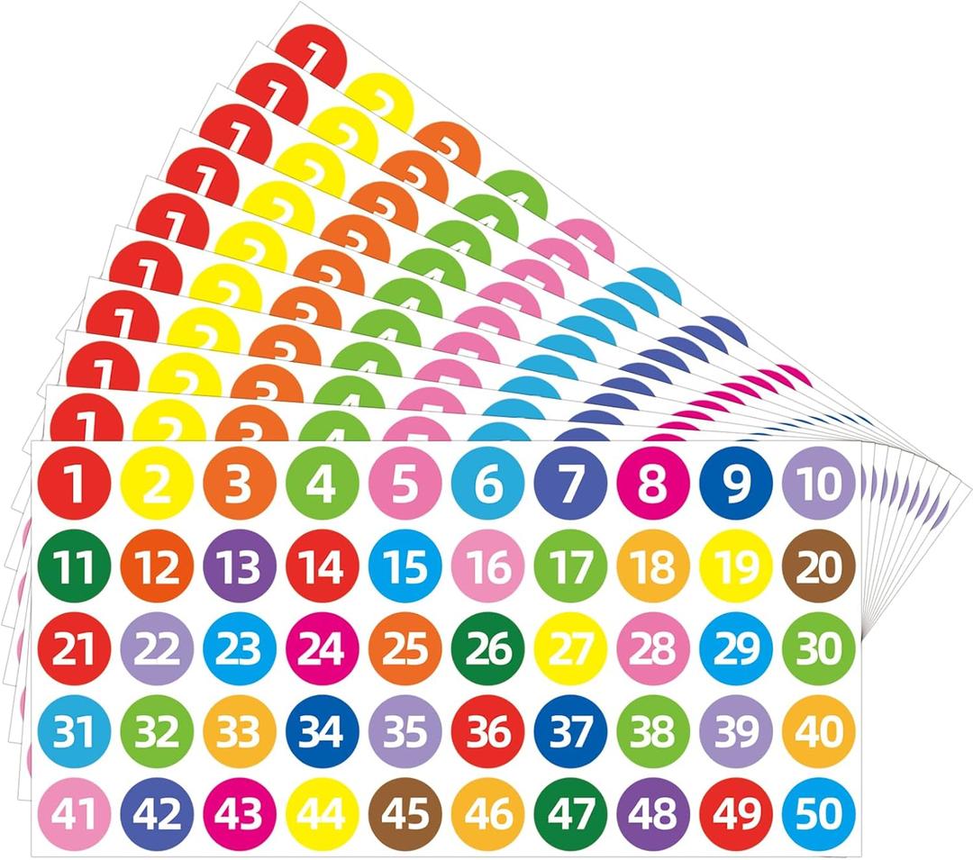 STARLIBOO Number Stickers 1-50, 20 Sheets Color Consecutive Number Stickers, 1000 Labels-1 inch Vinyl Self Adhesive Removable Numbered Label Ideal for Storage/Organizing/Office/Indoor/Outdoor