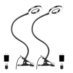 Woputne Desk Clip on Lamp for Reading Home Office, with 5V 2A Adapter, 10 Dimmable Brightness 3 Modes, Clamp Reading Light for Bed Headboard, Craft (2 Packs, Black)