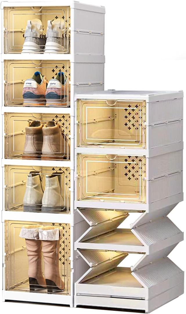 5 Tiers Stackable Shoe Storage Organizer bins open front, Space Saving Shoe Rack Holder Boxes,Moving Cabinet Bins Sturdy, Clear White