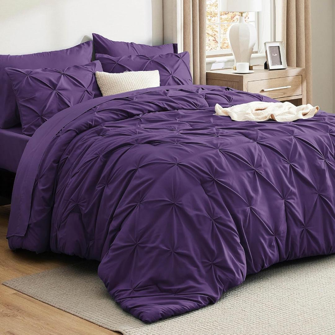 Bedsure Queen Comforter Set Purple - Bed in a Bag Queen Size Bedding 7 Pieces, GentleSoft Pintuck Bed Set Gift for Family, Pinch Pleat All Season Comforter with Sheets, Pillowcases & Shams