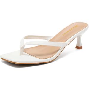 Mindeeryy Thong Sandals Kitten Heels Square Toe Flip Flops Slip On Heels for Women Kitten Heel Sandals Low Heel 2.4 Inch for Casual White, Size 7.5