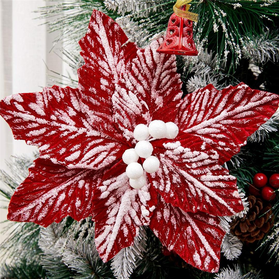 10pcs Snow Decorated Large Poinsettia Decorative Christmas Flower Stem for Christmas Tree Wreath Garland, Red/White