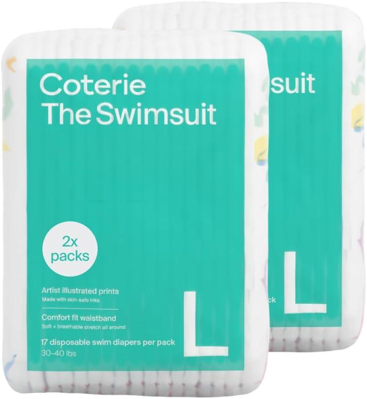 Coterie Baby Swim Diapers, Size Large (30-40 lbs), 2-Pack | Includes 34 total swim diapers (2-Packs x 17), perfect for pool & beach, hypoallergenic, plant-based, no-swell design