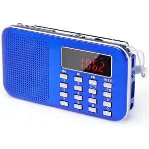 PRUNUS Mini Portable Radio AM FM Pocket Radio with MP3, LED Flashlight, Digital Radio Speaker Support Micro SD/TF Card/USB, Auto Scan Save, 1200mAh Rechargeable Battery Operated[Latest Version] (Blue)