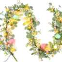CENMORISE Easter Garland for Mantle - 6FT Faux Eucalyptus Garlands with Daisy, Pink Bloom & Egg, 20 LED Lights, Battery Operated Auto Timer, Flexible for Indoor Outdoor Spring Home Decor