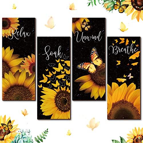 Wesiti Bathroom Wall Art - 4 Pcs Sunflower Butterfly Theme Wooden Hanging Signs - Soak, Relax, Unwind, Breathe - Bathroom Decoration
