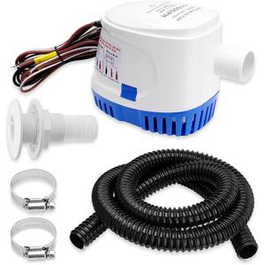 1100 GPH Automatic Boat Bilge Water Pump 12V, 1-1/8 Inch Dia Bilge Pump Plumbing Kit with 6FT Hose, 2 Clamps, Thru-Hull Fitting, Ideal for Fishing Boats, Cruisers, Runabouts, Yachts