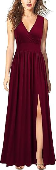 WOOSEA Women Sleeveless Deep V Neck Sexy Split Loose Plain Maxi Casual Long Dress Size S, Burgundy