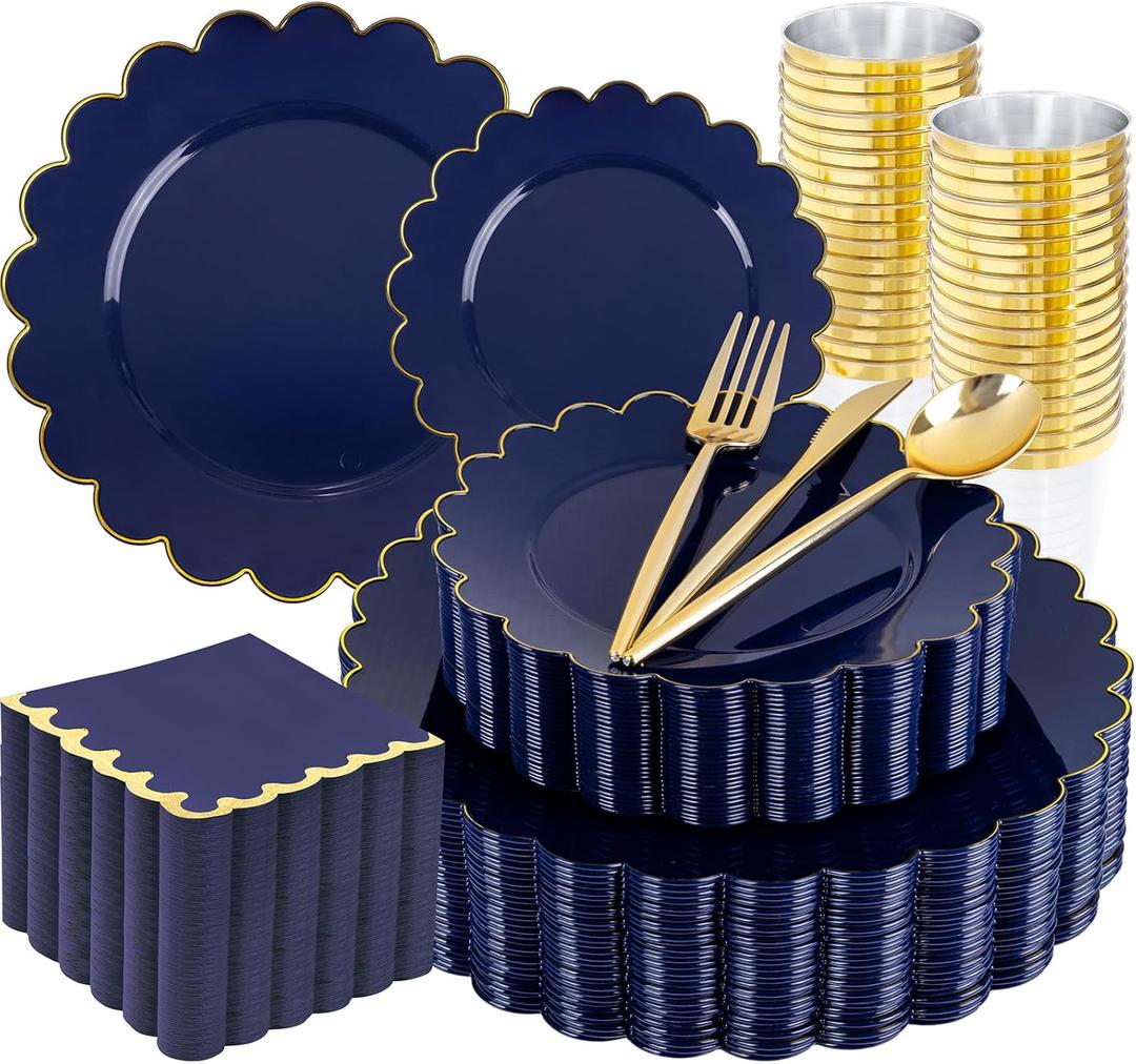 LIYH 210 Pcs Navy Blue Plates - Blue and Gold Plastic Scalloped Heavyduty Plates Disposable Dinnerware set, Gold Plastic Silverware for Wedding & Party 30 Guests