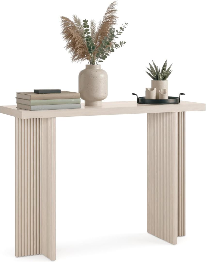 Stead Fluted Console Table Weathered White Solid Wood Entryway Table with Oak Grain Veneer, Curved Base & Adjustable Feet Modern Farmhouse Fluted Console Table for Hallway or Living Room.