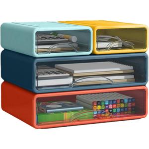 Desk Organizer with Drawers, Stackable Storage Drawers with Compartments Desktop Organization for Office Supplies, Makeup, Pencils, Tape, Erasers, Paperclips, Chargers (2S2M) (Light blue+Yellow+Deep Blue+Orange)