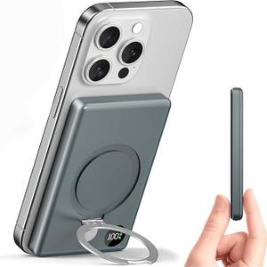 Kuulaa 10000mAh Magnetic Power Bank with LED Display & Stand, PD 20W Fast Charging, Ultra Slim Portable Charger for iPhone 16/15/14/13/12, Magsafe Wireless Charger Battery Pack (Grey)