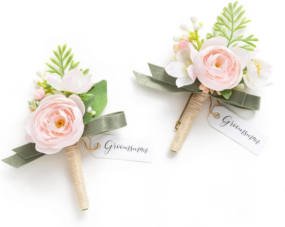 Ling's moment Boutonniere for Men, 2pcs Groom Groomsmen Guest Boutonniere, Artificial Flowers for Wedding/Prom/Homecoming, etc. Blush Cream