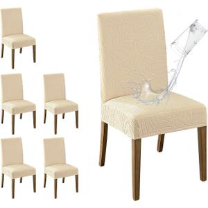 MOSAYT 100% Waterproof Dining Room Chair Covers Set of 6, Super Fit Stretch Jacquard Parson Chairs Slipcovers Removable Washable Chair Seat Protectors for Home, Kitchen, Banquet (Beige)